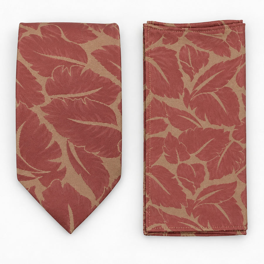 Terracotta Leaf Silhouette silk tie and matching pocket square — Matching weave and hem
