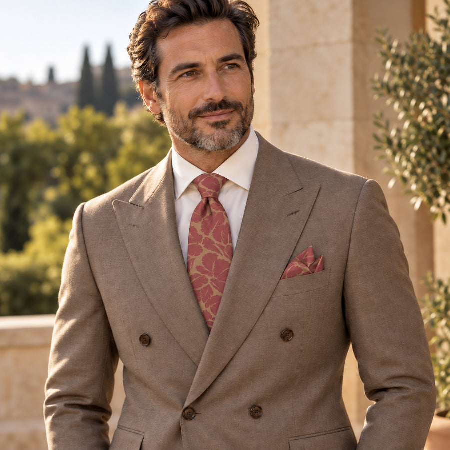 Terracotta Leaf Silhouette silk tie and matching pocket square — Dark beige · terrace tailoring