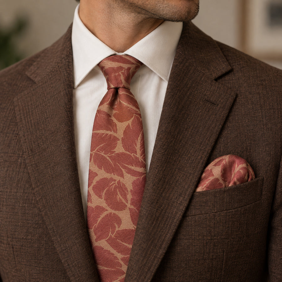 Terracotta Leaf Silhouette silk tie and matching pocket square — Tobacco brown · notch lapel