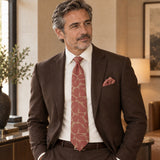 Terracotta Leaf Silhouette silk tie and matching pocket square — Deep brown · relaxed portrait