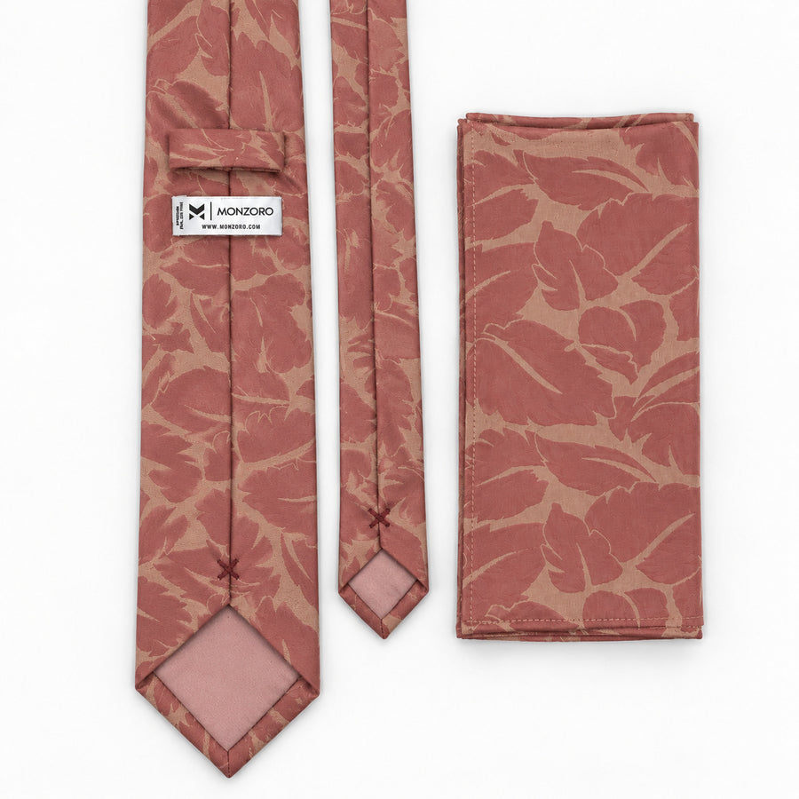Terracotta Leaf Silhouette silk tie and matching pocket square — Rear construction and matching fold