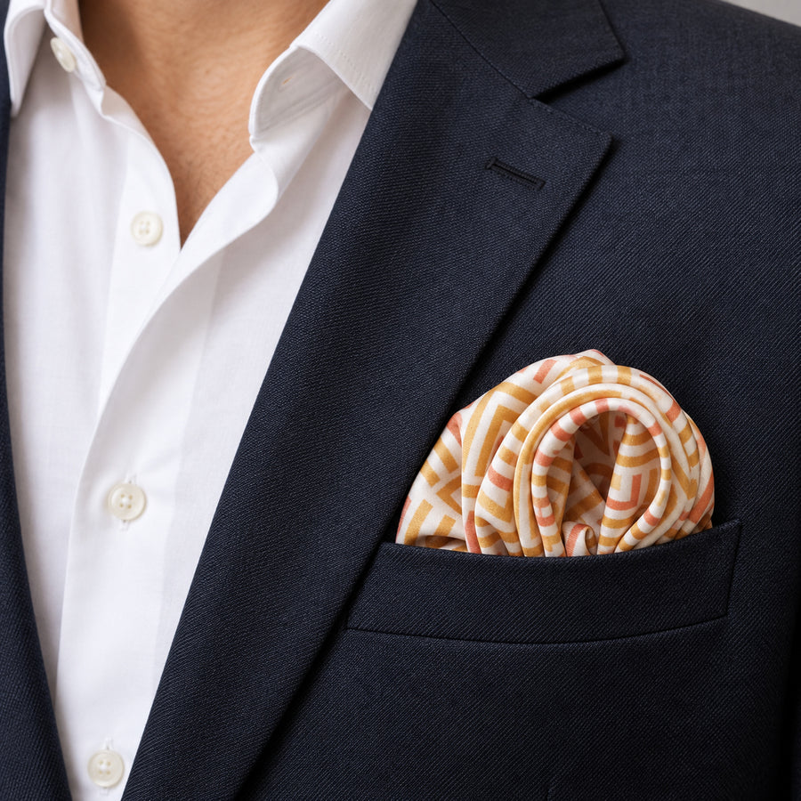 Textura Art pocket square — navy jacket · wearing detail.