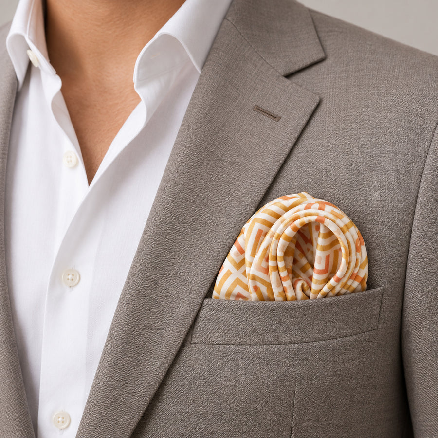 Textura Art pocket square — light jacket · wearing detail.