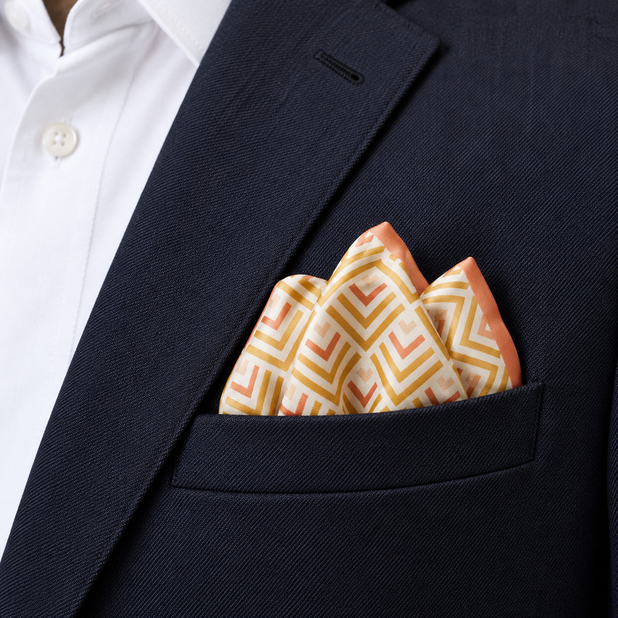 Textura Art pocket square — navy jacket · alternate fold.