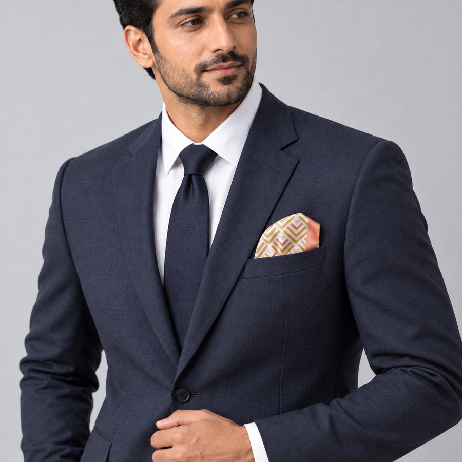 Textura Art pocket square — formal model · navy and tie.
