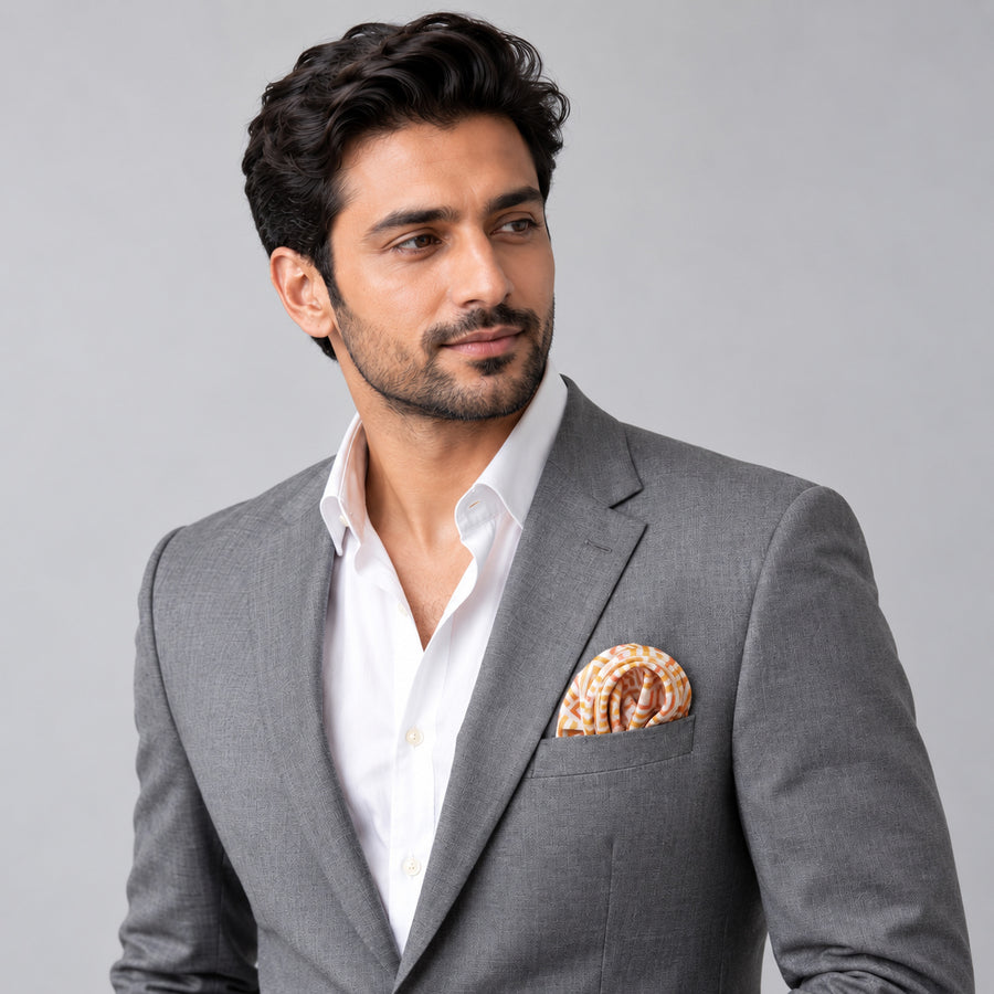 Textura Art pocket square — model · light grey and open collar.
