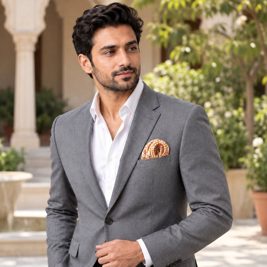 Textura Art pocket square — outdoor lifestyle.