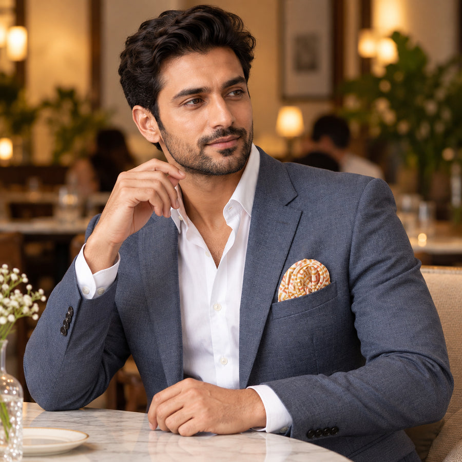 Textura Art pocket square — restaurant lifestyle.