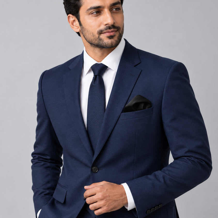 The Black Matter pocket square — formal model · navy and tie.