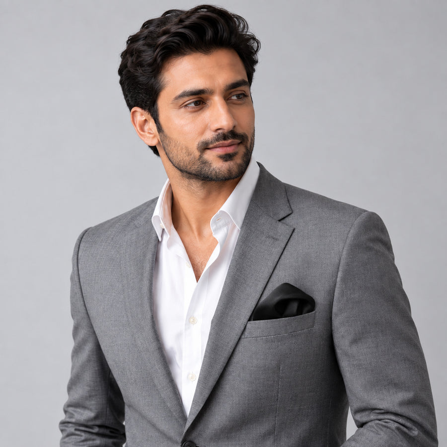 The Black Matter pocket square — model · light grey and open collar.
