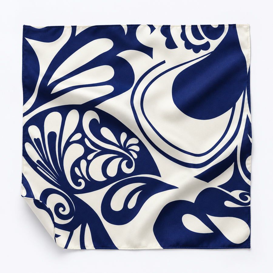 The Blue Chronicles pocket square — unfolded studio detail.