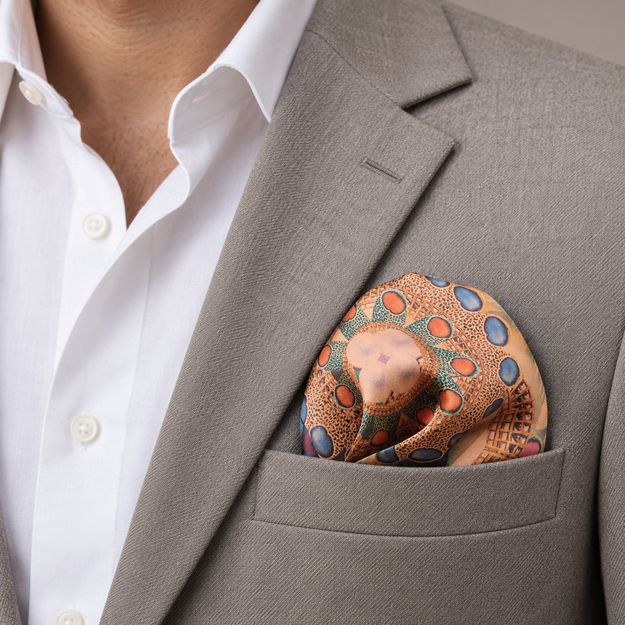 The Colour Trip pocket square — light jacket · wearing detail.