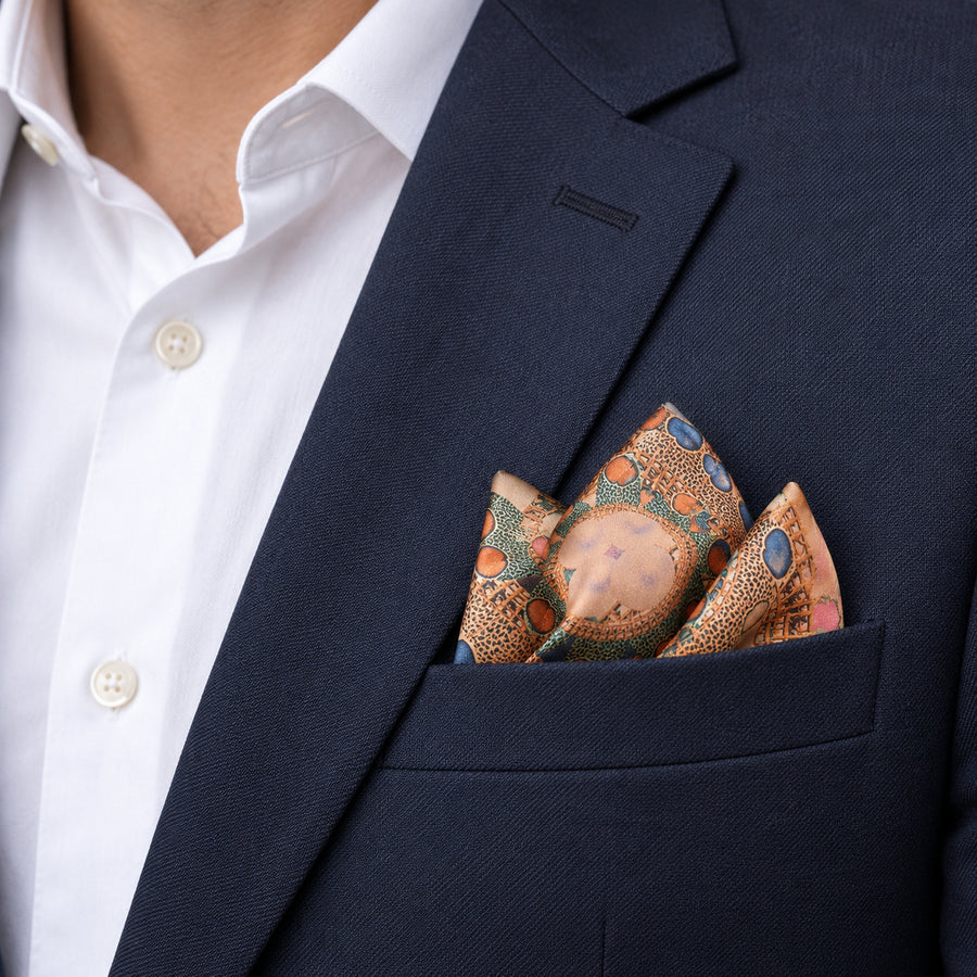 The Colour Trip pocket square — navy jacket · alternate fold.
