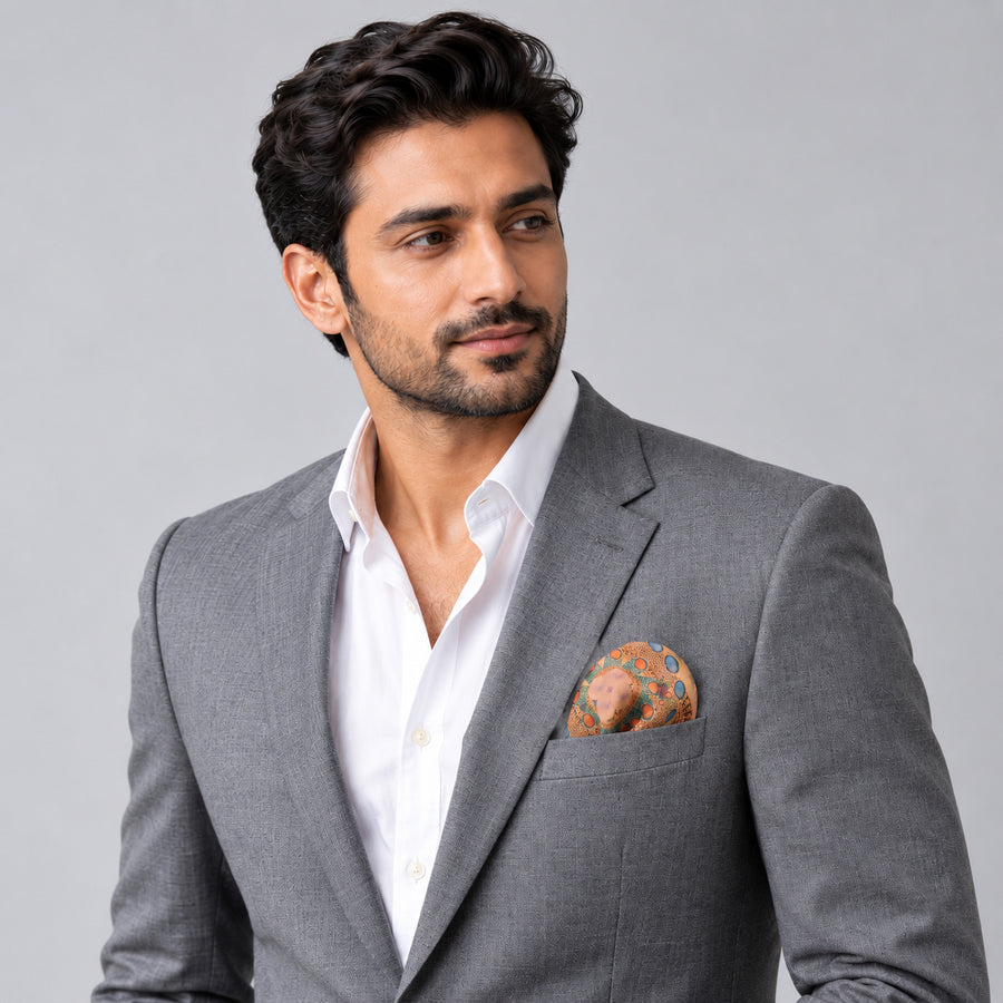 The Colour Trip pocket square — model · light grey and open collar.