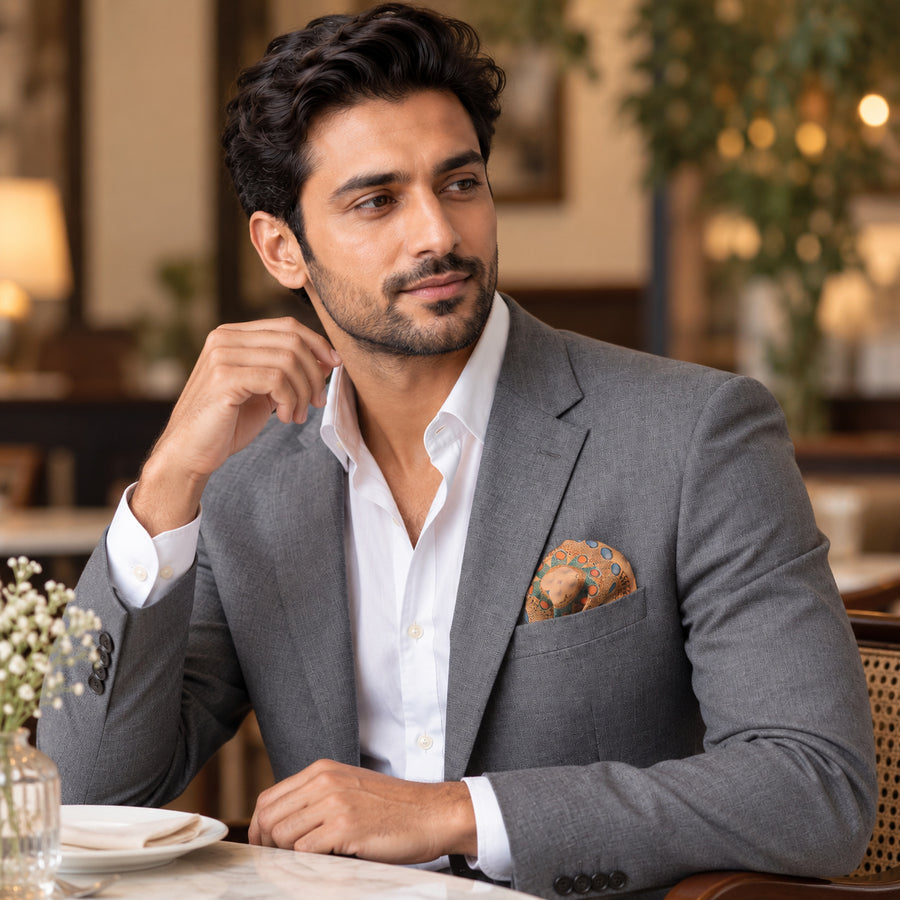 The Colour Trip pocket square — restaurant lifestyle.