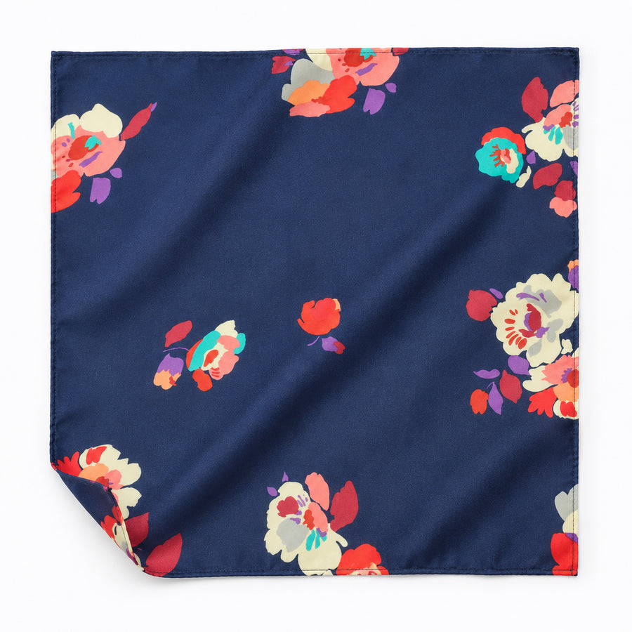 The Deep Blue Floral pocket square — unfolded studio detail.
