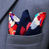 The Deep Blue Floral pocket square — close-up wearing detail.