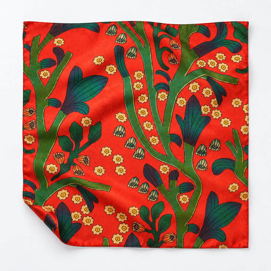 The Fiery Garden pocket square — unfolded studio detail.