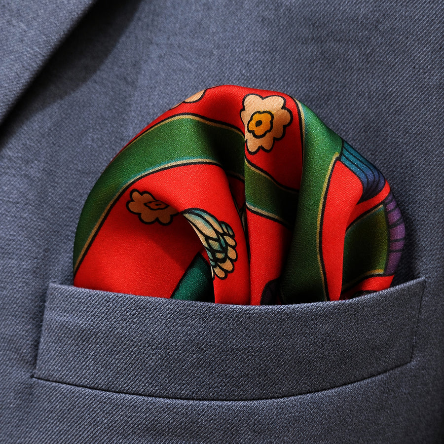 The Fiery Garden pocket square — close-up wearing detail.