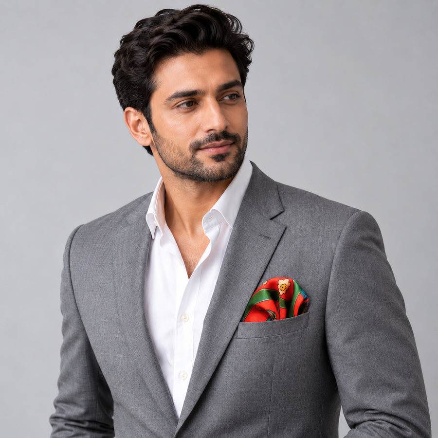 The Fiery Garden pocket square — model · light grey and open collar.