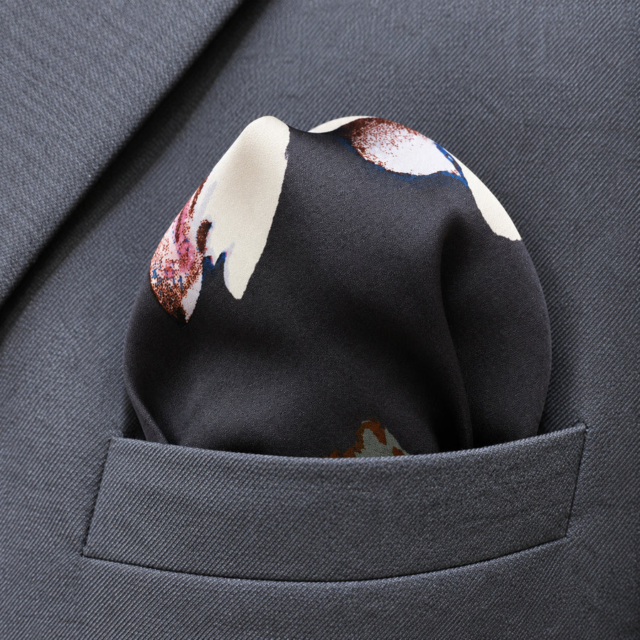 The Grey Garden pocket square — close-up wearing detail.