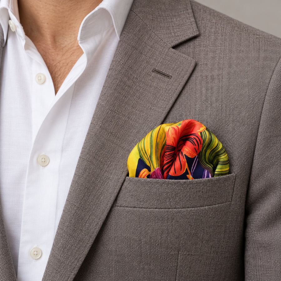 The Mighty Blue Jungle pocket square — light jacket · wearing detail.