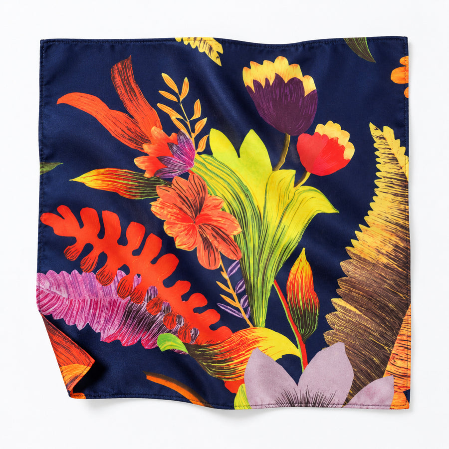 The Mighty Blue Jungle pocket square — unfolded studio detail.