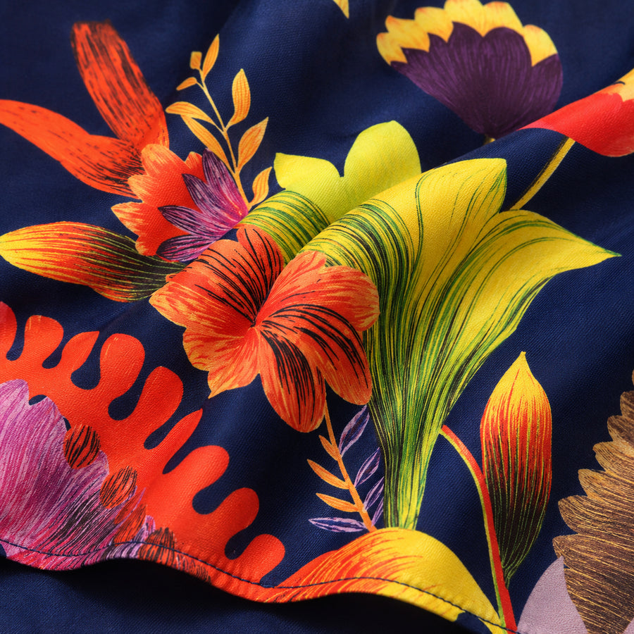 The Mighty Blue Jungle pocket square — fabric and design close-up.