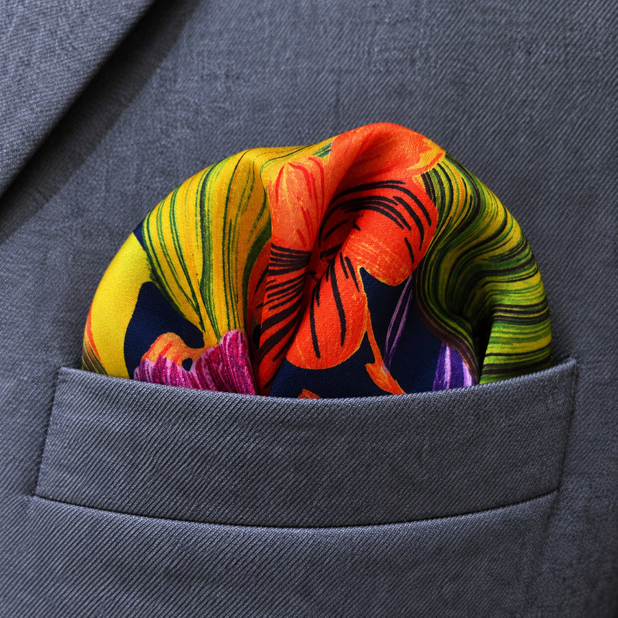 The Mighty Blue Jungle pocket square — close-up wearing detail.