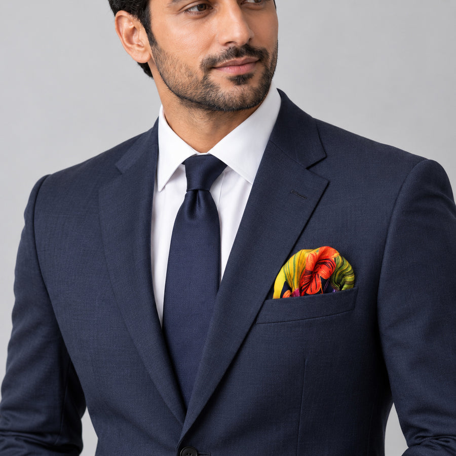 The Mighty Blue Jungle pocket square — formal model · navy and tie.