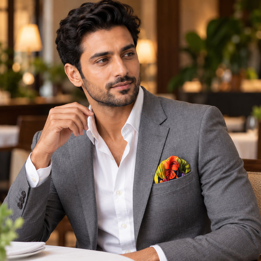 The Mighty Blue Jungle pocket square — restaurant lifestyle.