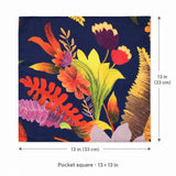 The Mighty Blue Jungle pocket square — size guide.