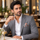 The Paisley Petals pocket square — restaurant lifestyle.
