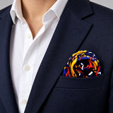 Traditional Ethnic pocket square — navy jacket · wearing detail.