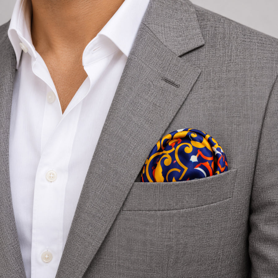 Traditional Ethnic pocket square — light jacket · wearing detail.