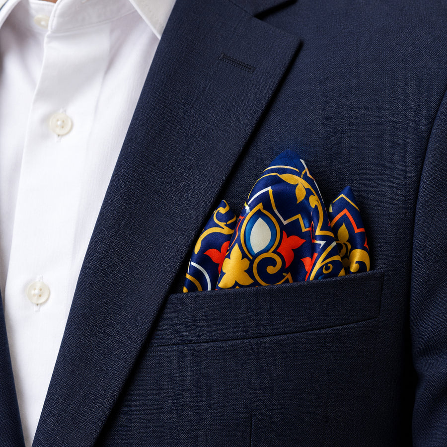 Traditional Ethnic pocket square — navy jacket · alternate fold.