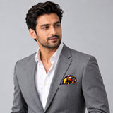 Traditional Ethnic pocket square — model · light grey and open collar.