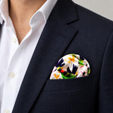 Tropical Birds and Flowers pocket square — navy jacket · wearing detail.