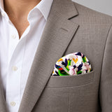 Tropical Birds and Flowers pocket square — light jacket · wearing detail.