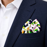 Tropical Birds and Flowers pocket square — navy jacket · alternate fold.