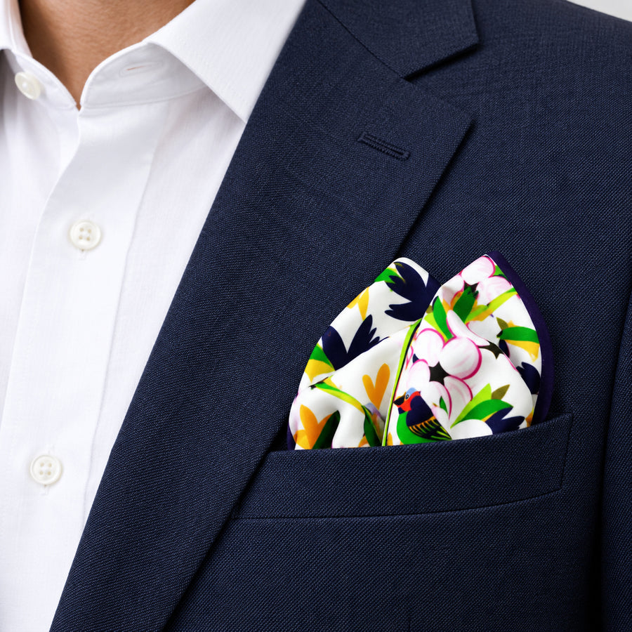 Tropical Birds and Flowers pocket square — navy jacket · alternate fold.