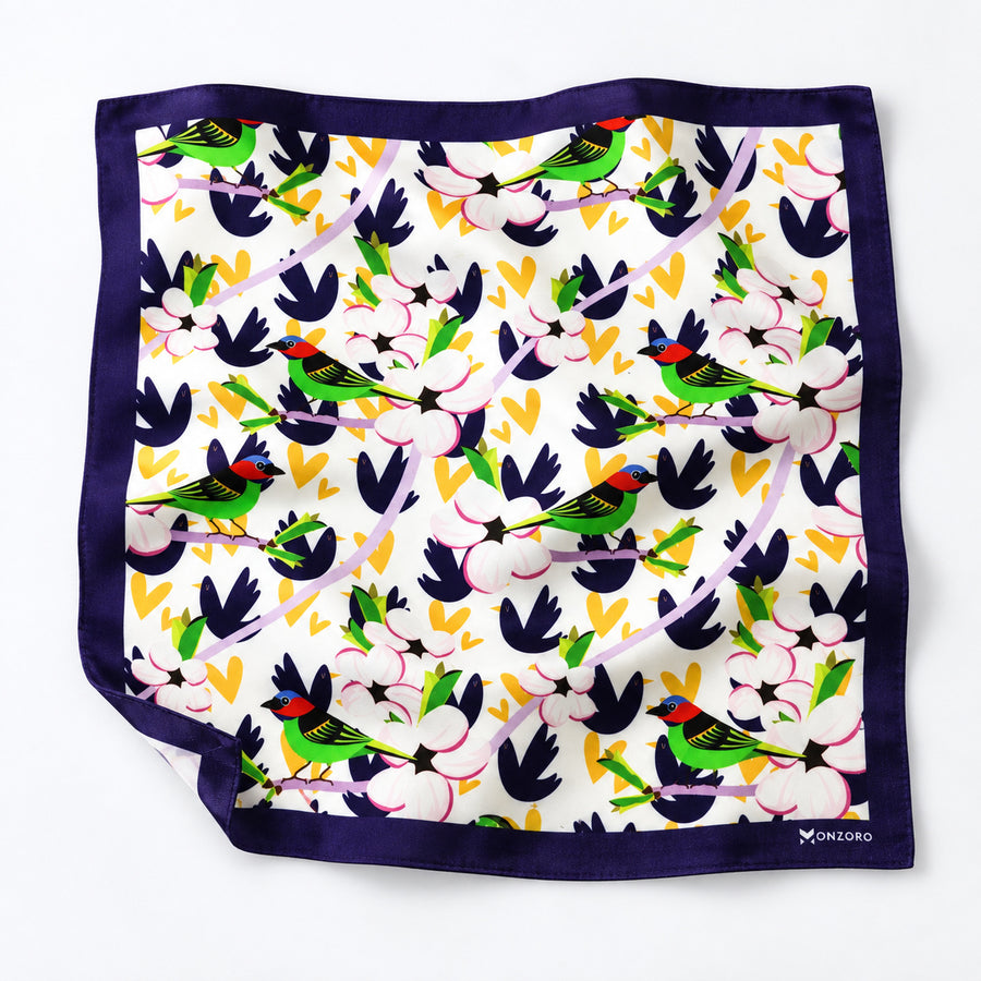 Tropical Birds and Flowers pocket square — unfolded studio detail.
