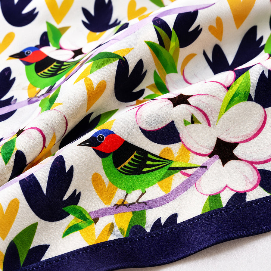 Tropical Birds and Flowers pocket square — fabric and design close-up.