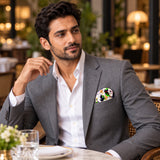 Tropical Birds and Flowers pocket square — restaurant lifestyle.