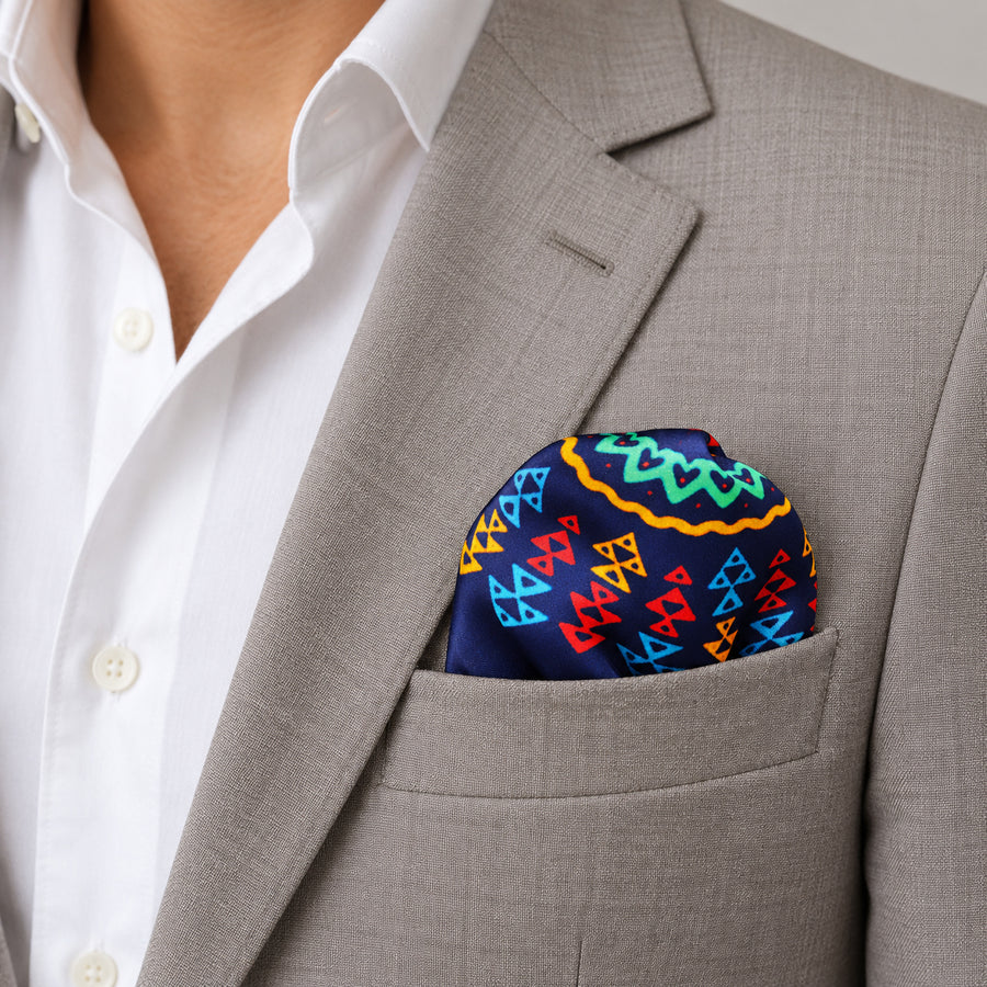 Truck Art Ethnic pocket square — light jacket · wearing detail.