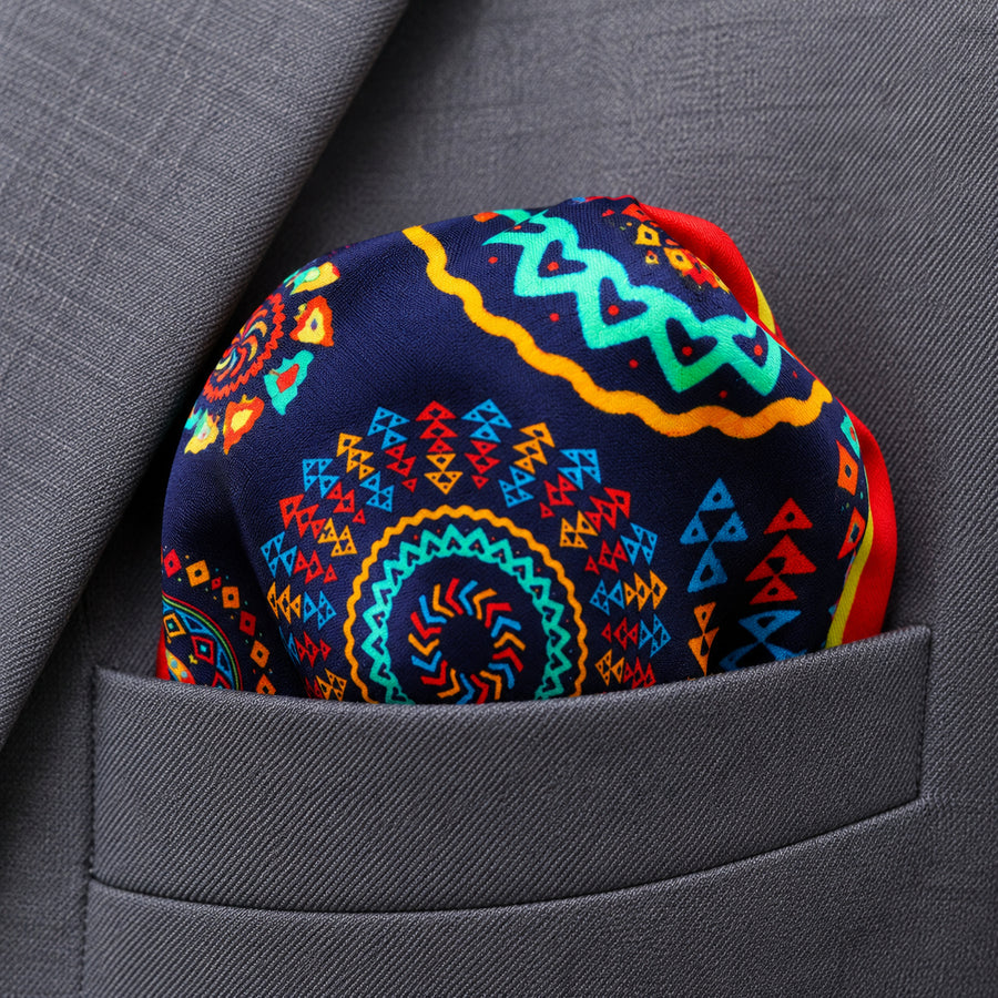 Truck Art Ethnic pocket square — close-up wearing detail.