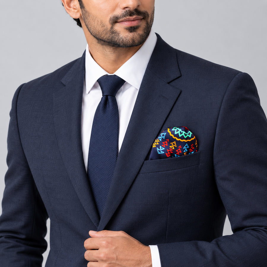 Truck Art Ethnic pocket square — formal model · navy and tie.