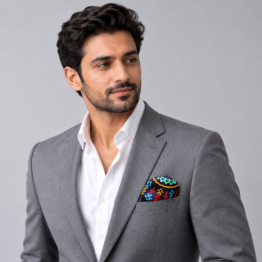 Truck Art Ethnic pocket square — model · light grey and open collar.