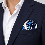 Turkish Floral pocket square — navy jacket · wearing detail.