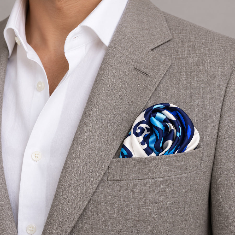 Turkish Floral pocket square — light jacket · wearing detail.
